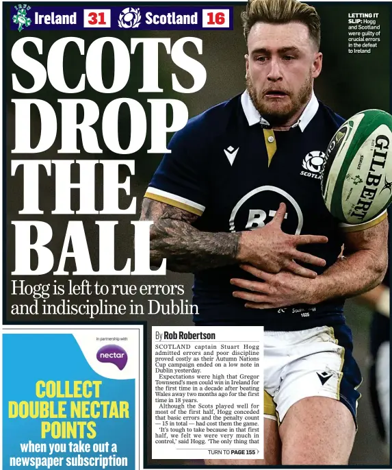  ??  ?? LETTING IT SLIP: Hogg and Scotland were guilty of crucial errors in the defeat to Ireland