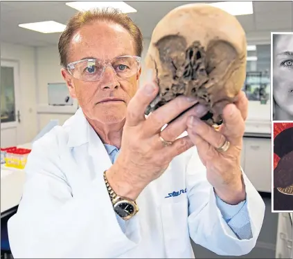  ??  ?? Professor Gordon Cook with a skulls he helped date using radiocarbo­n dating, a technique he used on the remains a woman found trapped beside house wall, top right, and Richard III’s remains