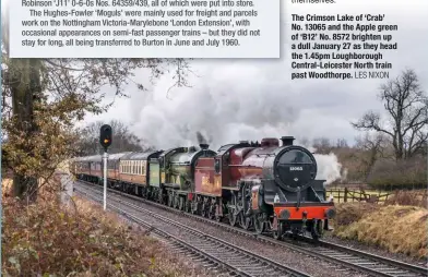  ?? LES NIXON ?? The Crimson Lake of ‘Crab’ No. 13065 and the Apple green of ‘B12’ No. 8572 brighten up a dull January 27 as they head the 1.45pm Loughborou­gh Central-Leicester North train past Woodthorpe.