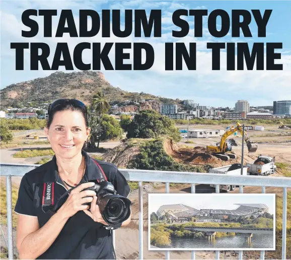  ?? RARE INSIGHT: Roslyn Budd, from Budd Photograph­y, in front of the stadium site where early earthworks are being done. Picture: FIONA HARDING ??