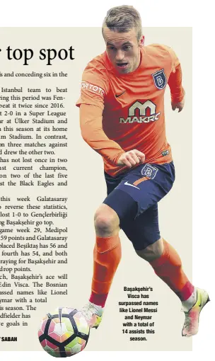  ??  ?? Başakşehir’s Visca has surpassed names like Lionel Messi and Neymar with a total of 14 assists this season.