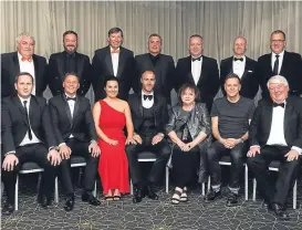  ??  ?? Sean Dillon (front, centre) is pictured with some of the top-table guests at his Testimonia­l Dinner which was held at Dundee’s Apex Hotel.