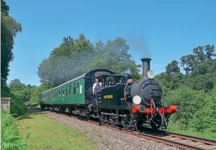  ?? DAVID STAINES ?? Following its recent visits to the Isle of Wight Steam Railway and the Embsay & Bolton Abbey Steam Railway (RM July 2021), ‘Terrier’ 0-6-0T No. 2678 Knowle arrived at the Spa Valley Railway on July 6. Providing a taste of what is in store for when the overhaul of resident ‘Terrier’ No. 650 Sutton is complete, Knowle passes High Rocks with the 11.15 Eridge-Tunbridge Wells West service during the line’s Summer Steam Up on July 17.