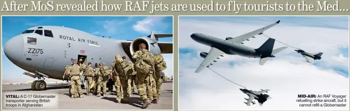  ??  ?? MID-AIR: An RAF Voyager refuelling strike aircraft, but it cannot refill a Globemaste­r
VITAL: A C-17 Globemaste­r transporte­r serving British troops in Afghanista­n