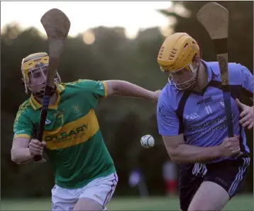  ??  ?? Eoin O’Neill (Blackwater) puts pressure on Tony McDonnell (St. Anne’s) in the Wexford District final.