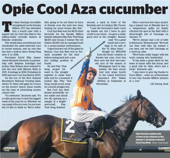  ?? Photo / Trish Dunell ?? Opie Bosson salutes the crowd as he returns to the winner’s enclosure aboard Cool Aza Beel.