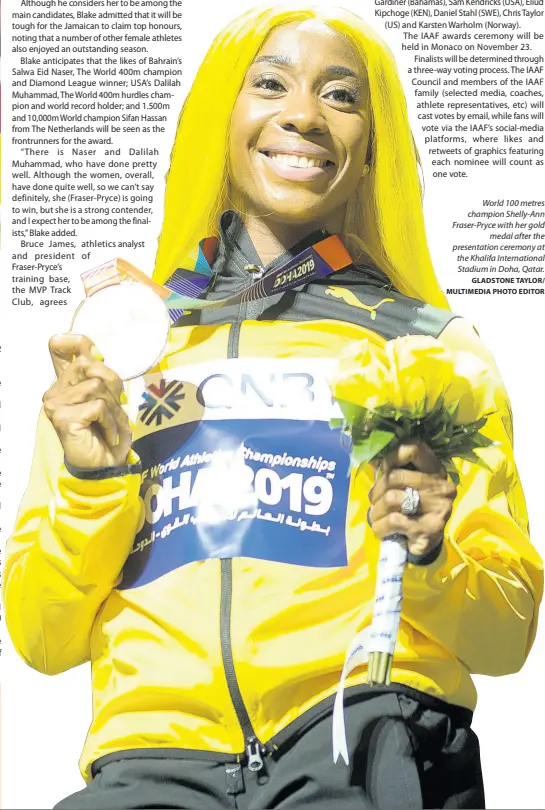  ?? GLADSTONE TAYLOR/ MULTIMEDIA PHOTO EDITOR ?? World 100 metres champion Shelly-Ann Fraser-Pryce with her gold medal after the presentati­on ceremony at the Khalifa Internatio­nal Stadium in Doha, Qatar.