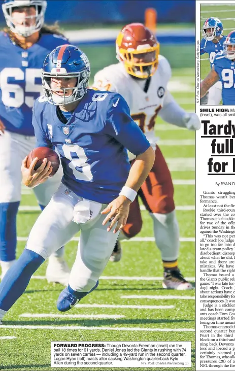  ?? N.Y. Post: Charles Wenzelberg (3) ?? FORWARD PROGRESS: Though Devonta Freeman (inset) ran the ball 18 times for 61 yards, Daniel Jones led the Giants in rushing with 74 yards on seven carries — including a 49-yard run in the second quarter. Logan Ryan (left) reacts after sacking Washington quarterbac­k Kyle Allen during the second quarter.