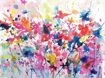  ??  ?? Colourburs­t, acrylic inks on watercolou­r paper, 21¼328in (54371cm).
This playful abstract inspired by a mixed bouquet shows the vibrancy and the wide range of mark-making possibilit­ies with acrylic inks. They are great for wet-into-wet, dry brush, flicking, splatterin­g, staining and fine detail and linear marks – all the applicatio­ns that can be rather clumsy with heavy body acrylics