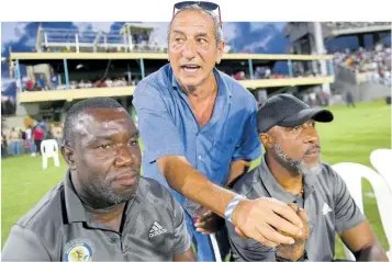  ?? FILE ?? Mount Pleasant’s owner Peter Gould (centre) watches last year’s Jamaica Premier League (JPL) final against Arnett Gardens at Sabina Park with coach Theodore Whitmore (left) and goalkeeper coach Warren Barrett.