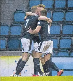  ?? Pictures: Steve Brown. ?? Top: a goalmouth scramble as Rovers keeper Graeme Smith and his defenders try to keep out Lawrence Shankland’s indirect free-kick; above: Rovers players celebrate as Greig Spence levels for the home side; right: Iain Davidson tries his luck on goal.