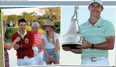  ?? GETTY IMAGES ?? Happy again: McIlroy celebrates winning the Arnold Palmer Invitation­al with his wife Erica (left) and holding the trophy that signals to the golf world he is ready for a tilt at the Masters