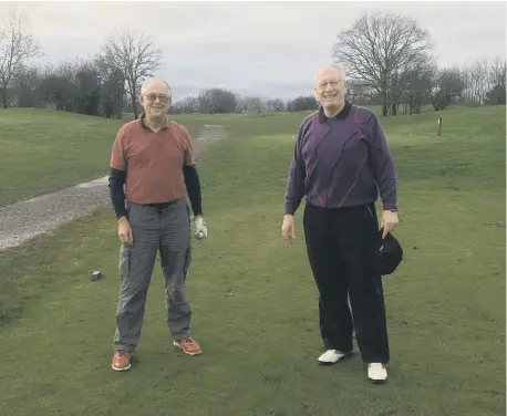  ??  ?? Martin Jesty and Bob Andrews shone in the Tony Laker Trophy; below right, Mark Smith was celebratin­g a hole in one