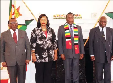  ?? — (Picture by Innocent Makawa) ?? President Mnangagwa poses for a photo with incoming Ugandan Ambassador to Zimbabwe Ms Barbara Nekesa Oundo, Energy and Power Developmen­t Minister Simon Khaya Moyo and Secretary for Foreign Affairs and Internatio­nal Trade Ambassador Joey Bimha at State House in Harare yesterday. — (Read story on Page 2).