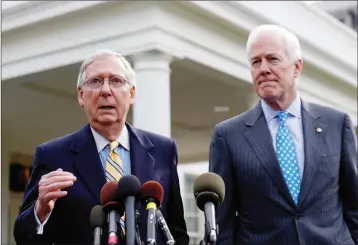  ?? ASSOCIATED PRESS ?? SENATE MAJORITY LEADER Mitch McConnell of Ky. (left) and Senate Majority Whip Sen. John Cornyn, R-Texas, speak with the media after they and other Senate Republican­s had a meeting with President Donald Trump at the White House Tuesday.