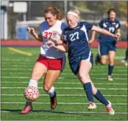  ?? SUBMITTED PHOTO - DENNIS KRUMANOCKE­R ?? Kutztown’s Taylor Cunningham and Fleetwood’s Sydney Lobb battle for the ball during their Berks quarterfin­al on Oct. 15.