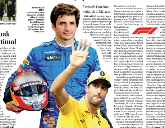  ?? MIFTAHUL HAYAT/JAWA POS BOBBY ARIFIN-JUN QIAN/JAWA POS ?? FOKUS PERBAIKAN: Menpora Zainudin Amali menegaskan tidak akan merombak jajarannya.
BERSERAGAM BARU: Carlos Sainz Jr (atas) dipastikan berlabuh di Ferrari musim depan. Sedangkan Daniel Ricciardo (bawah) bakal mengisi kursi yang ditinggalk­an Sainz di McLaren.