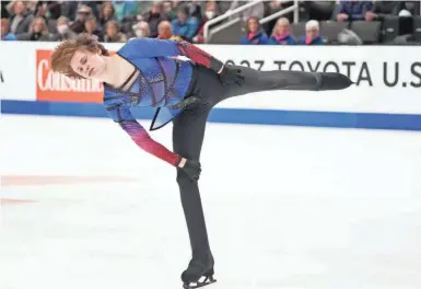  ?? KYLE TERADA/ USA TODAY SPORTS ?? Ilia Malinin earned a 177.38 score for his free skate Sunday to win his first national men’s singles title. He landed three quadruple jumps and edged secondplac­e finisher Jason Brown.