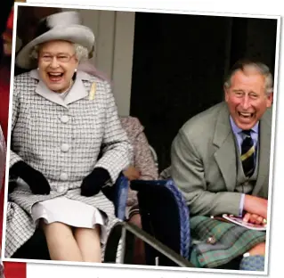  ?? ?? TAKE THAT: The Queen awarding the OBE to Gary Barlow in 2012, left, and in fits of laughter with Prince Charles at the Braemar Gathering in 2006