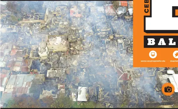  ?? / ALLAN CUIZON ?? SUNOG: Ang aerial view sa nasunog nga bahin sa Sityo Baho, Brgy. Calamba, dakbayan sa Sugbo, niadtong Lunes. Kandila ra nga nalimtan sa pagpawong ang sinugdanan sa sunog nga niugdaw og labing minos 195 ka mga balay. Estorya sa pahina 5.