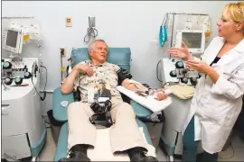  ?? STAFF FILE PHOTO ?? Stanford Blood Center employee Liz Conlin checks on donor David “Mitch” Mitchell in August 2012. Stanford is currently experienci­ng a critical shortage of O-negative blood.