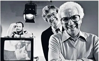  ??  ?? Shand, centre, with Barry Cryer as Kenny Everett looks on: his other collaborat­ors included Mike Yarwood, Jasper Carrott and Bob Monkhouse
