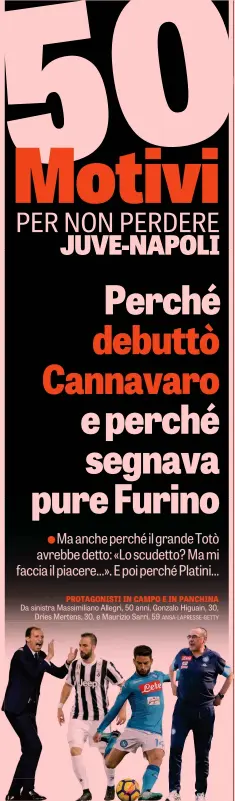  ??  ?? PROTAGONIS­TI IN CAMPO E IN PANCHINA Da sinistra Massimilia­no Allegri, 50 anni, Gonzalo Higuain, 30, Dries Mertens, 30, e Maurizio Sarri, 59 ANSA-LAPRESSE-GETTY