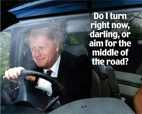  ??  ?? Driving ambition: Leadership frontrunne­r Boris Johnson was at the wheel as he left his Oxfordshir­e home in the company of his girlfriend Carrie Symonds, 30, at the weekend