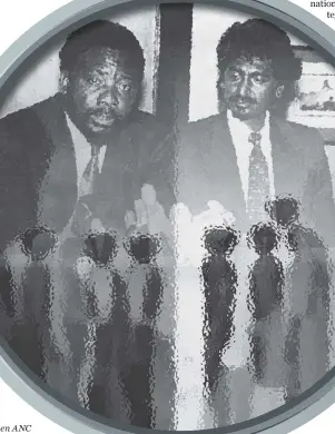  ?? Then ANC secretary-general Cyril Ramaphosa and Jay Naidoo at a press conference on 23 July 1992 in Johannesbu­rg.
Photo: Denis Farrell/Gallo Images/Media24 Archive; Illustrati­on: Mijourney ??