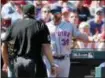  ?? JEFF ROBERSON — THE ASSOCIATED PRESS ?? Mets manager Mickey Callaway argues with home plate umpire Bruce Dreckman after Robinson Cano was called out during the seventh inning.
