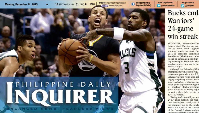  ??  ?? FINALLY, A DEFEAT Golden State Warriors star Stephen Curry (No. 30) drives to the hoop during the first quarter of his team’s National Basketball Associatio­n game against the Milwaukee Bucks at BMO Harris Bradley Center in Milwaukee, Wisconsin. The...