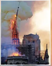  ??  ?? Inferno: The copper weathercoc­k, circled left on top of the spire, was feared lost when the structure collapsed in Monday’s blaze