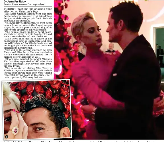  ??  ?? In the pink: Orlando Bloom and Katy Perry celebrate their engagement. Inset: The picture she posted of her diamond ring
