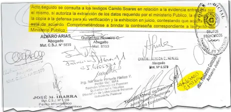  ?? ?? Parte del acta donde Camilo Soares autorizaba la extracción de los datos del teléfono celular que entregó voluntaria­mente.