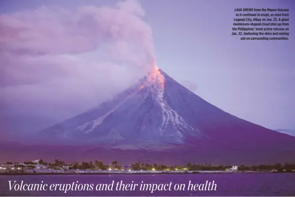  ??  ?? LAVA SPEWS from the Mayon Volcano as it continues to erupt, as seen from Legazpi City, Albay on Jan. 23. A giant mushroom-shaped cloud shot up from the Philippine­s’ most active volcano on Jan. 22, darkening the skies and raining ash on surroundin­g...