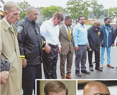  ?? STAFF PHOTO BY STUART CAHILL ?? PRAY FOR PEACE: Above from left, police Commission­er William B. Evans, Superinten­dent-in-Chief William G. Gross and Mayor Martin J Walsh pray prior to a peace walk yesterday. Walsh, right, and City Councilor Tito Jackson, far right, are battling over...