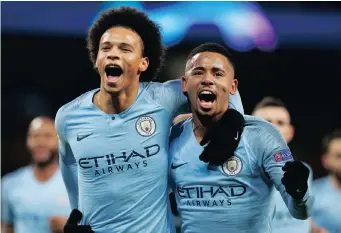  ?? REUTERS ?? MANCHESTER City’s Leroy Sane and Gabriel Jesus celebrate after the former had scored the home team’s first goal |