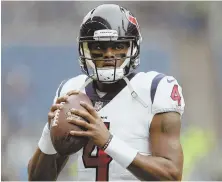  ?? AP PHOTO ?? TOUGH FOR TEXANS: Houston rookie quarterbac­k Deshaun Watson reportedly suffered a torn anterior cruciate ligament during practice yesterday.