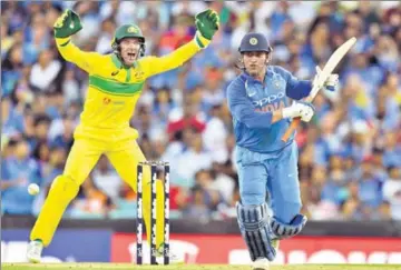  ??  ?? Mahendra Singh Dhoni, who took 36 balls to get to six runs, could not find the next gear unlike Rohit Sharma and take India past the finishing line on Saturday after both were off to slow starts.