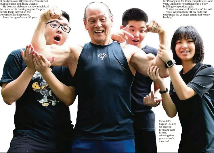  ??  ?? (From left) Eugene Lee and his siblings, Ervin and twin Ervina, admiring their grandfathe­r’s muscles!