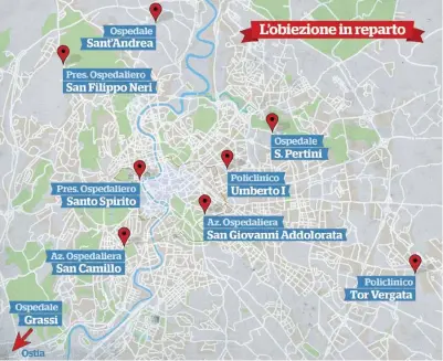  ??  ?? La mappa Gli ospedali pubblici romani dove è massiccia la presenza di medici obiettori