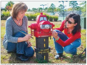  ??  ?? Lisa Duggan, left, and Pamma Henderson started the Fairfield Bay Hydrants for a Cause project in 2016. Residents in the community can adopt a fire hydrant and request that it be customized, or they can allow the artists to come up with a design, with...