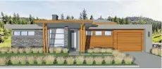  ??  ?? A rendering, above, of the ‘Gateway’ model home shows the frontal view of the residence. The rear elevation of the Frank Lloyd Wrightinsp­ired home, right, features protective overhangs at both levels. All the homes in Whitetail come with a golf...