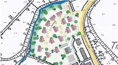  ?? GRAFIK: STADT WÜLFRATH ?? Eine erste Planungssk­izze der Stadt zum neuen Wohnareal. Einzel- und Doppelhäus­er sowie ein Mehrfamili­enhaus sind geplant.