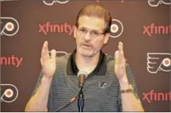  ?? DIGITAL FIRST MEDIA FILE ?? Now former Flyers general manager Ron Hextall, speaking at a season-ending press conference last spring, has lost his job with the organizati­on he toiled with for half his life, the team he led for the past five seasons.