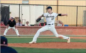  ?? Photos by TIM GODBEE / For the Calhoun Times ?? ( Calhoun starter Davis Allen (17) delivers a pitch to the plate during Tuesday’s game against LFO. ( Calhoun’s Payton Morrow (10) slides into second on a stolen base in the bottom of the second.