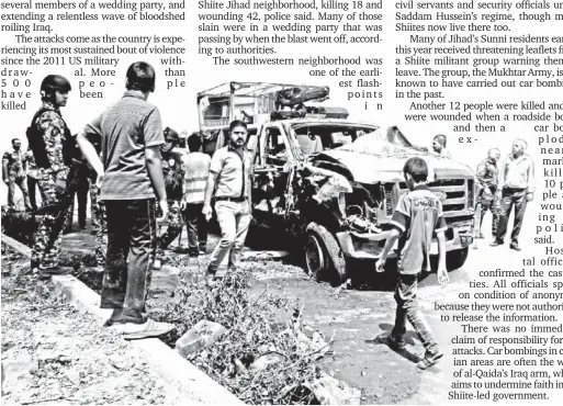  ?? (AP PHOTO/ HADI MIZBAN) ?? IRAQIS gather at the scene of a bomb attack in the commercial area of Karradah in Baghdad, Iraq, Thursday, May 30, 2013. Iraqi officials say a series of morning bomb explosions in Iraq killed dozens in the latest eruption of violence rattling the...