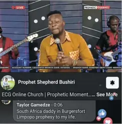  ??  ?? A screen grab of ‘prophet’ Bushiri’s service showing a Nedbank account for donations.