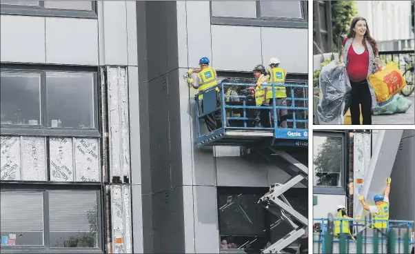  ?? PICTURES: PETER BYRNE/ PHILIP TOSCANO/PA WIRE. ?? INVESTIGAT­ION: Main picture and bottom right, cladding is removed from Whitebeam Court, in Pendleton, Greater Manchester; a woman leaves evacuated Chalcots Estate in London.