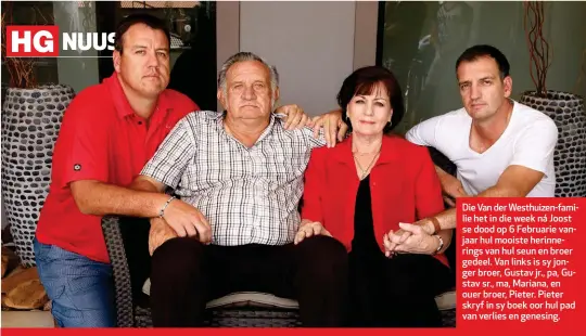  ??  ?? Die Van der Westhuizen-familie het in die week ná Joost se dood op 6 Februarie vanjaar hul mooiste herinnerin­gs van hul seun en broer gedeel. Van links is sy jonger broer, Gustav jr., pa, Gustav sr., ma, Mariana, en ouer broer, Pieter. Pieter skryf in...